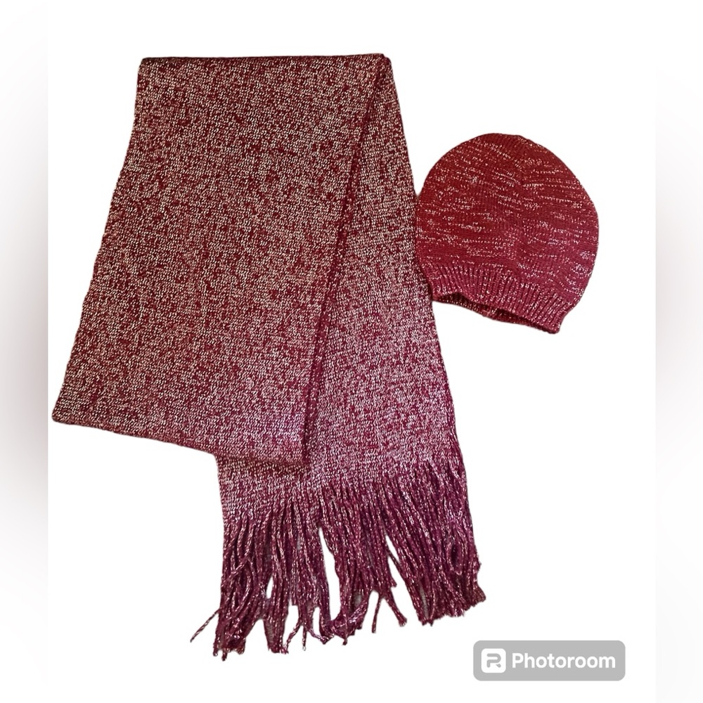 Sag Harbor NWOT Scarf and Beanie Burgundy and Silver Set